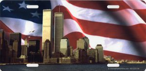Twin Towers On American Flag Photo License Plate