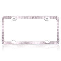 Chrome With Triple Row Pink Diamonds License Plate Frame