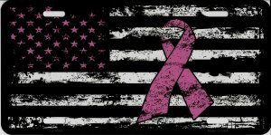 United States FLAG With Pink Ribbon And Stars Metal License Plate