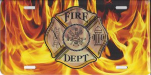 Fire Fighter Logo With Flames Metal License Plate