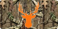 Deer Head Orange Silhouette On Camo Photo License Plate