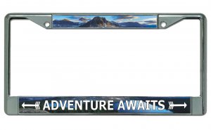 Adventure Awaits Chrome License Plate Frame