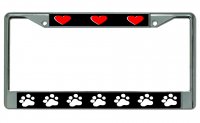 Paw Prints And Hearts Chrome License Plate Frame