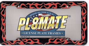 Flames on Black Plastic License Frame.  Free SCREW Caps Included