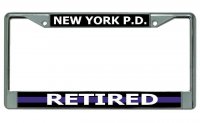 New York P.D. Thin Blue Line Retired Chrome License Plate Frame