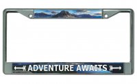 Adventure Awaits Chrome License Plate Frame