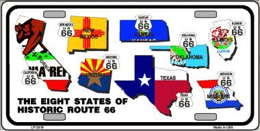 ROUTE 66 Historic 8 Flags Metal License Plate
