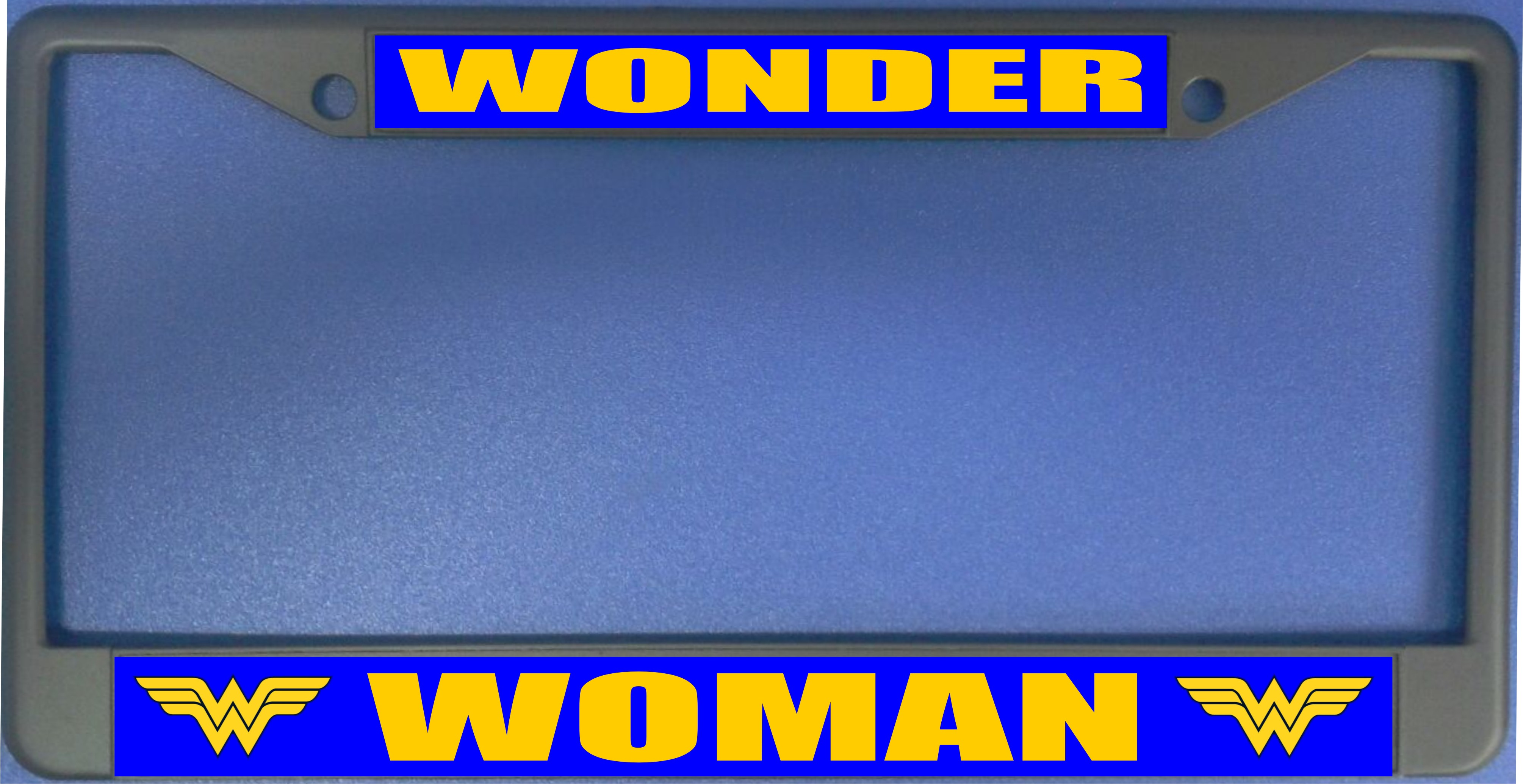 Wonder Woman On Blue Photo LICENSE PLATE Frame Free Screw Caps with this Frame
