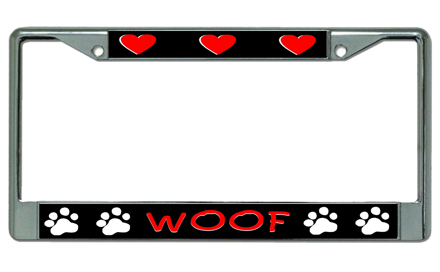 Woof Paw Prints And Hearts Chrome LICENSE PLATE Frame