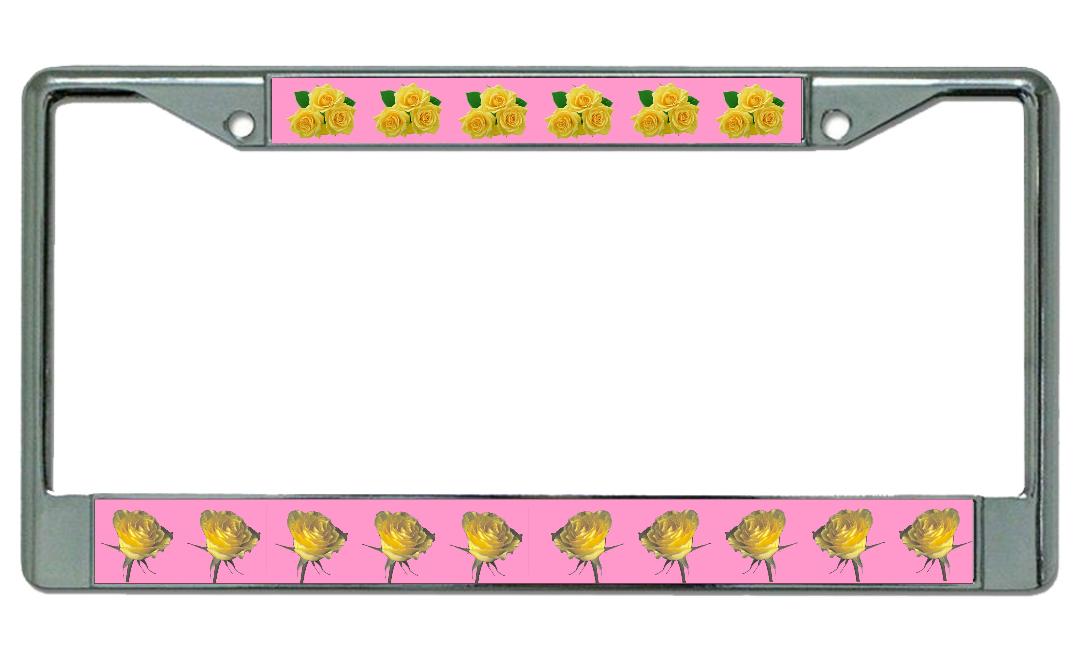 Yellow Roses On Pink Chrome LICENSE PLATE Frame