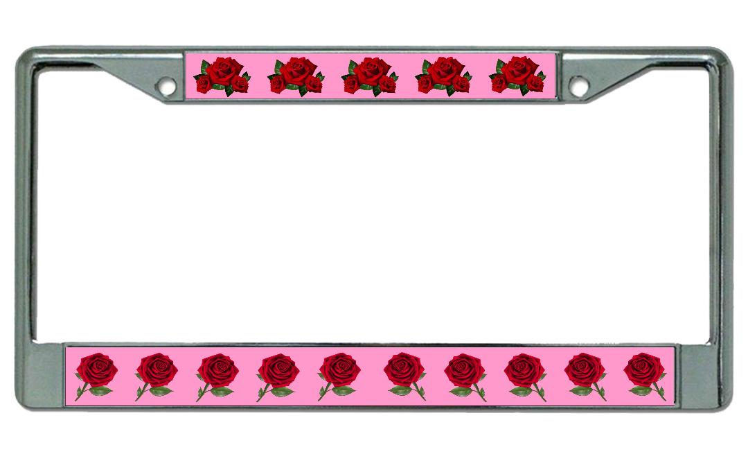 Red Roses On Pink Chrome LICENSE PLATE Frame