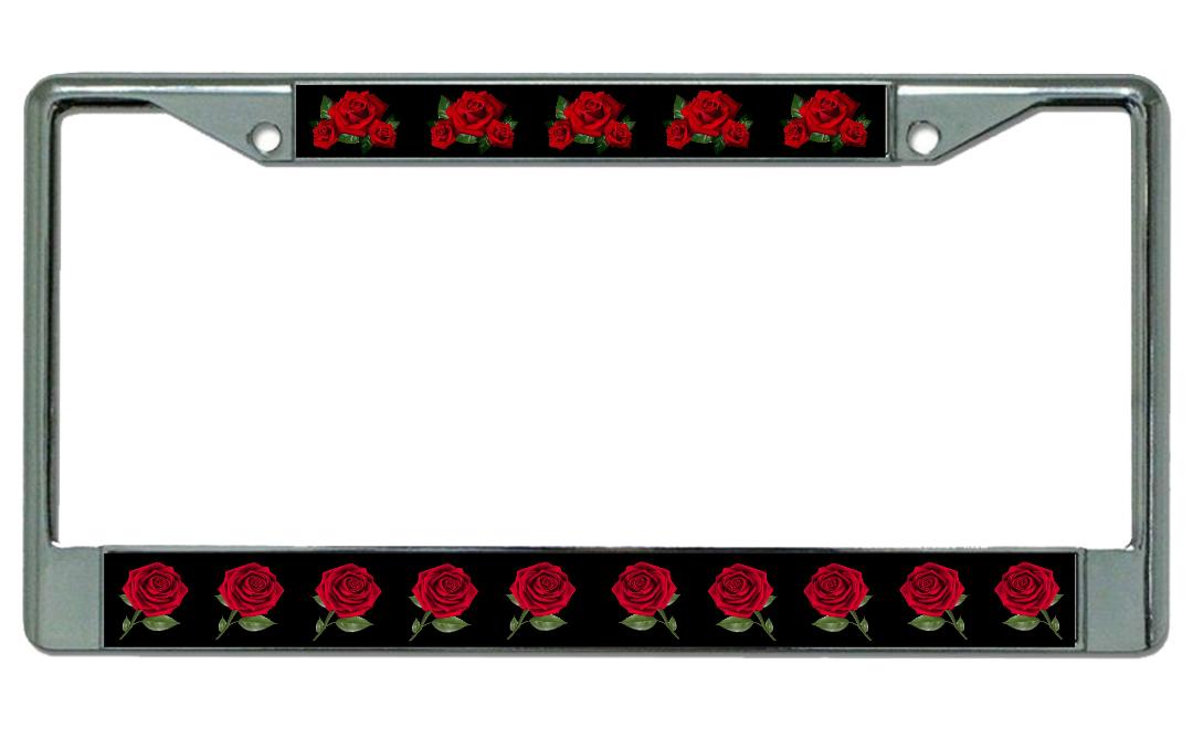 Red Roses On Black Chrome LICENSE PLATE Frame