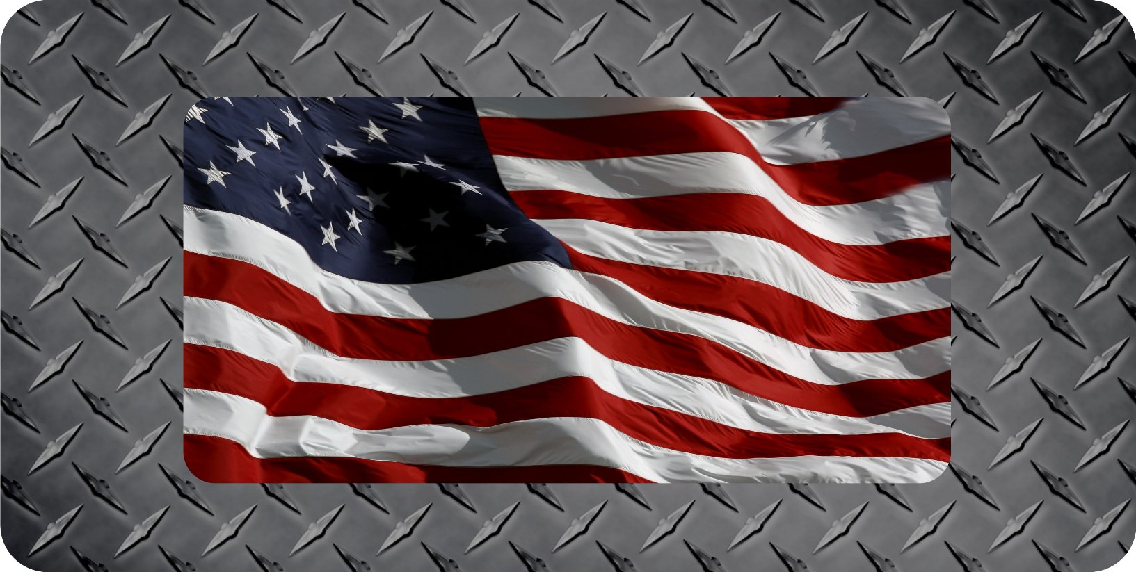 American FLAG On Diamond Plate Flat Photo License Plate