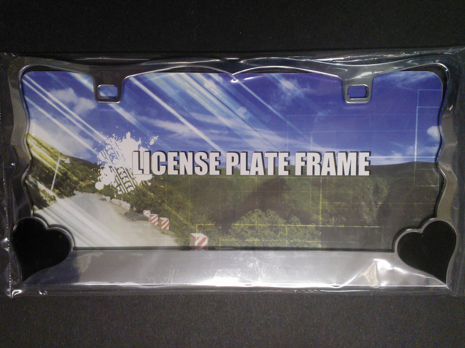 Chrome With Black Hearts LICENSE PLATE Frame  Free Screw Caps with this Frame