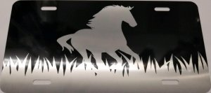 Brushed Aluminum Horse On Black Photo License Plate