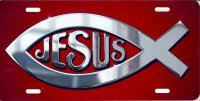 Chrome Jesus Fish on Red License Plate