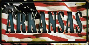 Arkansas On American Flag Metal License Plate