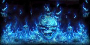 Blue Flaming Skulls Photo License Plate