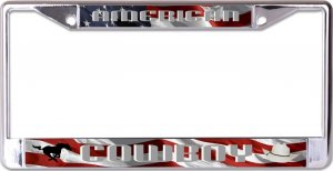 American Cowboy On Wavy U.S. Flag Chrome License Plate Frame