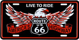 Route 66 Live To Ride Eagle Metal License Plate