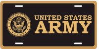 United States Army Crest In Gold On Black Metal License Plate