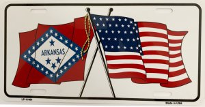 Arkansas Crossed U.S. Flag Metal License Plate