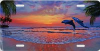 Dolphins Leaping At Sunset License Plate