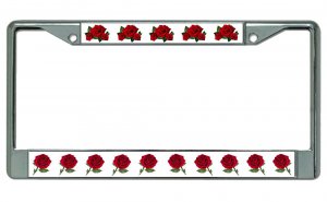 Red Roses On White Chrome License Plate Frame