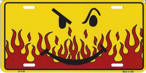 Flaming Smirk Metal License Plate