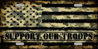 Camo American Flag Support Troops Metal License Plate