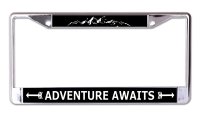 Adventure Awaits Black And White Chrome License Plate Frame