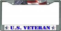 U.S. Veteran With Wavy American Flag Chrome License Plate Frame