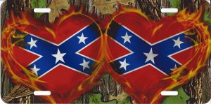 Confederate Rebel Hearts With Flames On Camo License Plate