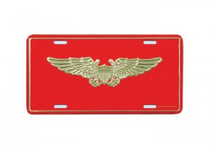 U.S. Marine Corps Flight Officer Wings Gold on Red License Plate