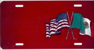American/Mexican Flags on Red Offset License Plate