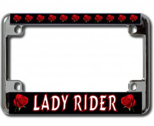 Lady Rider Red Rose Chrome Motorcycle License Plate Frame