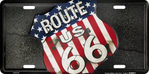 Route 66 American Flag Shield Metal License Plate