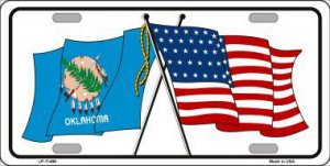 Oklahoma Crossed U.S. Flag Metal License Plate