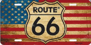 Route 66 Distressed American Flag Metal License Plate