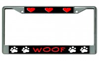 Woof Paw Prints And Hearts Chrome License Plate Frame