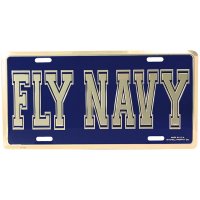 Fly Navy Script Metal License Plate