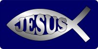 Jesus Fish Chrome On Blue Photo License Plate