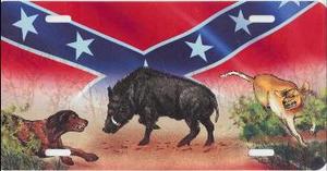 Boar & Dogs on Rebel Flag License Plate